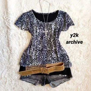 Y2K 헤이세이 갸루 다크코어 레이어드 상의 레오파드 무늬