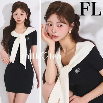 다리치 택 포함 새상품 바이컬러 보타이 니트 미니 원피스 FL 블랙