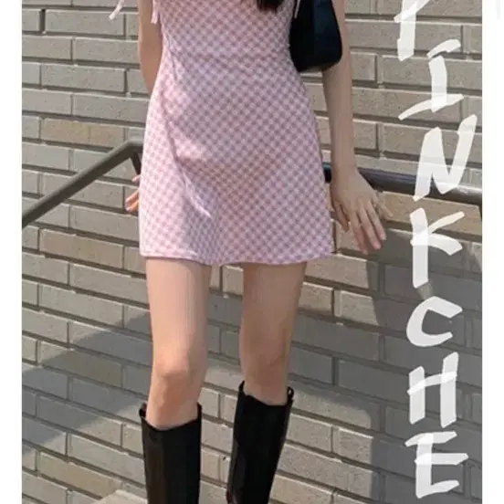 미니포에 핑크 체크 뷔스티에 원피스