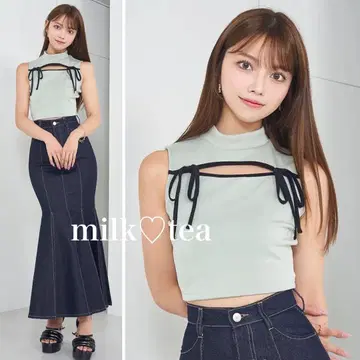 택 포함 새상품 다리치 오픈 리본 슬리브리스 컷 상의 민트 그린