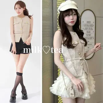 택 포함 새상품 다리치 내로우 벨트 슬리브리스 트위드 상의 베이지