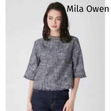 Mila Owen 하이넥 하프 슬리브 트위드 풀오버 그레이