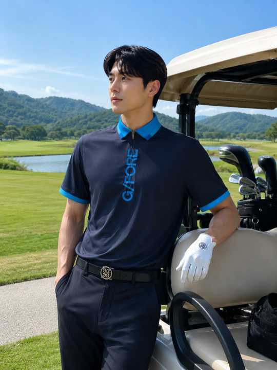 GFORE 지포어 남성 세로 로고 반집업 카라 반팔티셔츠 G4MF22K4