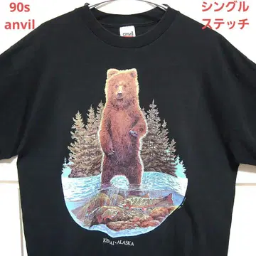 [ 90s XL ] anvil USA 베어 애니멀 T셔츠 페이드 블랙