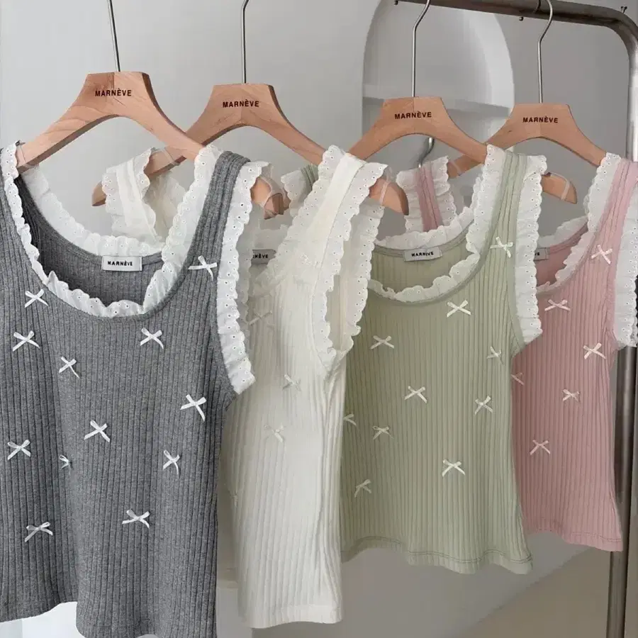 리본 나시 여리핏 레이스 민소매 골지 나시 핑크 민트 4color