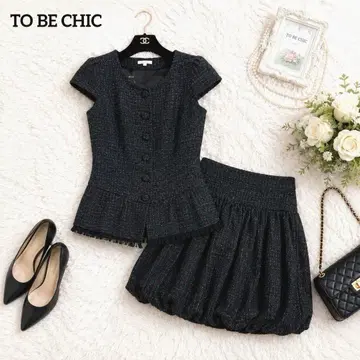 TO BE CHIC 트위드 셋업 프린지 벌룬 스커트 블랙