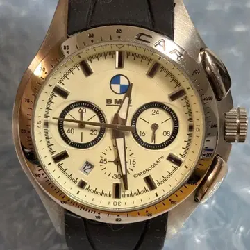 BMW 크로노그래프 남성용 손목시계 쿼츠 데이트 고무 벨트 작동 양호