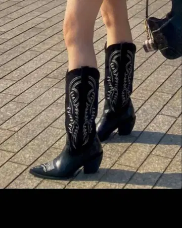 자수 여성용 웨스턴 부츠 블랙