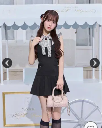 미셸 마카롱 체크 리본 셔츠 점프스커트 세트 원피스 블랙