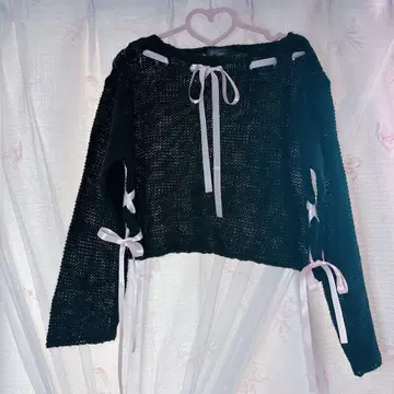 Magia charm 사다리 리본 시스루 니트 블랙 F 마키짱