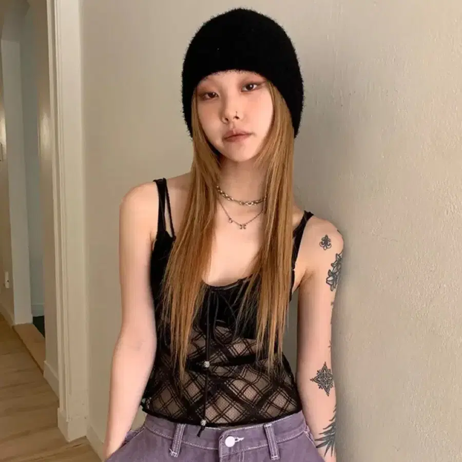 (새상품) 시스루 다이아 패턴 스트랩 나시