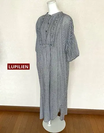 LUPILIEN 깅엄 체크 밴드 카라 오부 소매 롱 원피스