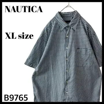 NAUTICA 노티카 미니 체크 무늬 반팔 셔츠 메탈 부품 네이비 XL