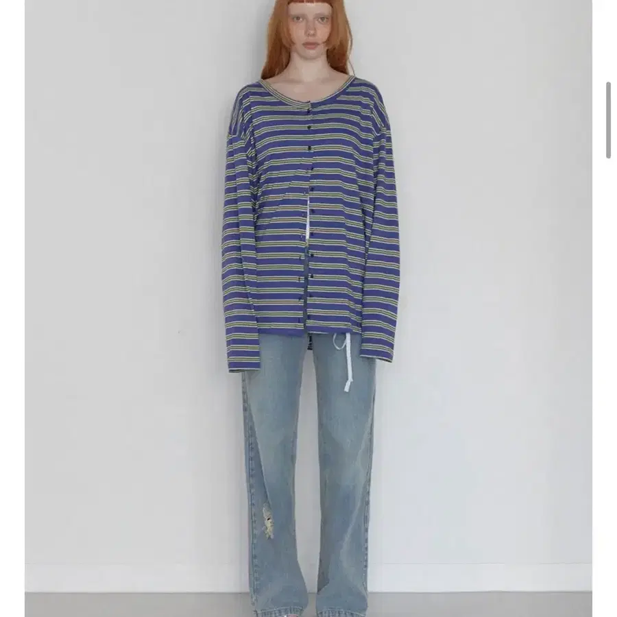 렌세 Stripe Button Long Sleeve Blue