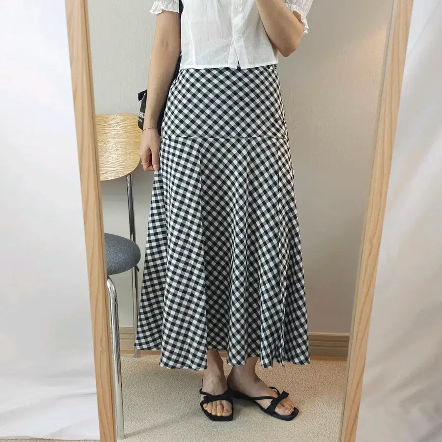 (F)여성 롱 스커트 뒷밴딩 체크 앞트임 H18W4335