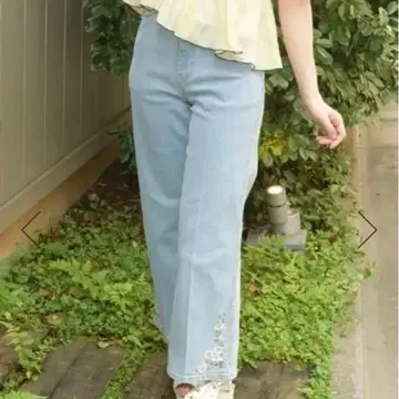 axes femme 꽃무늬 자수 데님 팬츠 라이트 블루 L