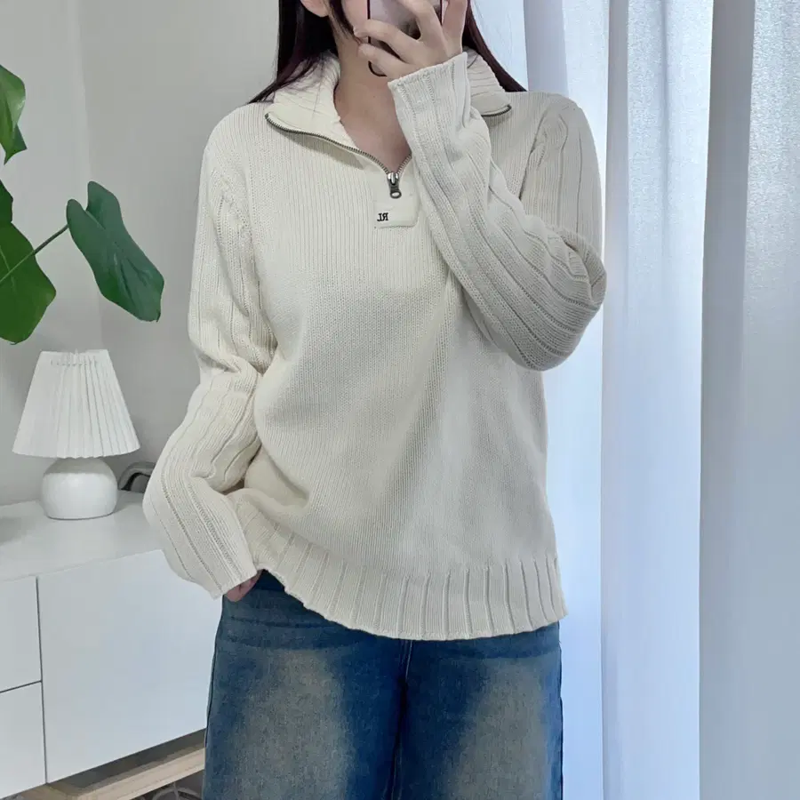 폴로 진 컴퍼니 아이보리 RL 니트 반집업 [ M ]
