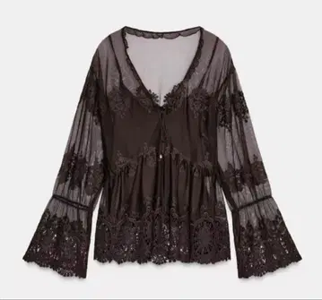 택 포함 새상품 완판템 ZARA 튤 자수 블라우스 브라운 XS