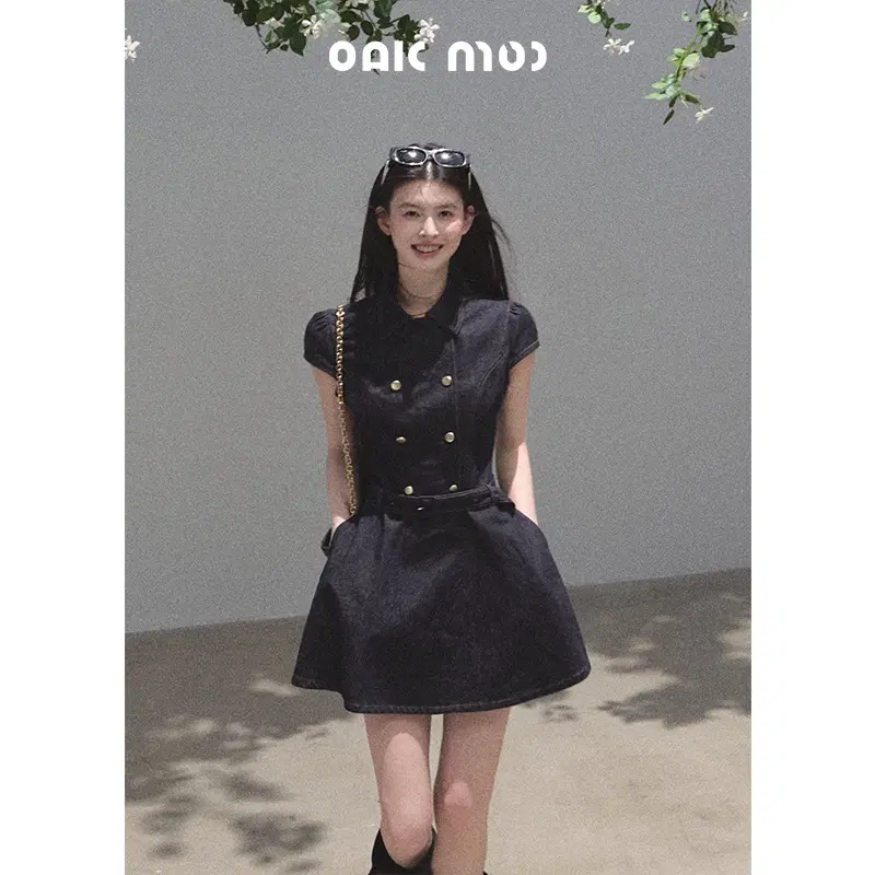 OAKMOO 오크무 레트로 컬러 블록 슬림 벨트 데님 원피스