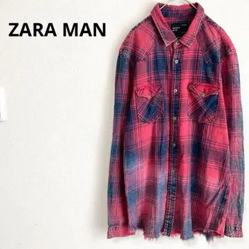 [ ZARA MAN ] 웨스턴 셔츠 빨간색 체크 데미지 페이드 구제 의류
