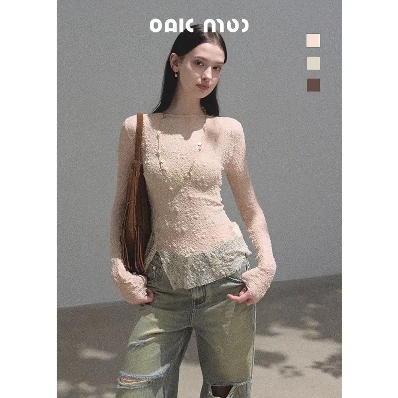 OAKMOO 오크무 주름 텍스처 실버 레이스 시스루 커버업 탑