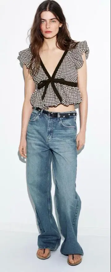 ZARA 깅엄 체크 패턴 리본 포함 벌룬 상의 L