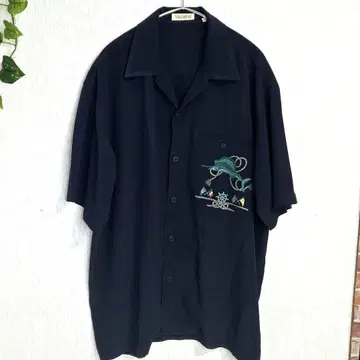 Y2K 90s 빈티지 오픈 카라 셔츠 황새치 조타륜 자수 네이비