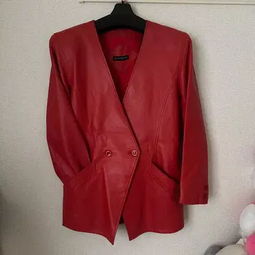90's 가죽 자켓 천연 가죽 노카라 레드 빈티지 레트로