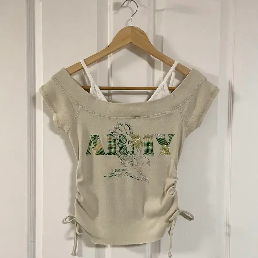 ARMY 큐빅 레이어드 빈티지 반팔 탑