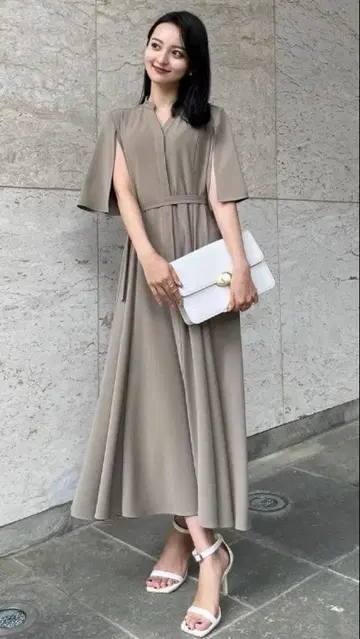 anuans 스키퍼 넥 슬릿 슬리브 플레어 원피스 네이비