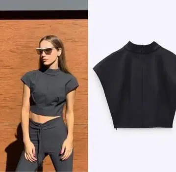 ZARA 다크 그레이 상의 슬리브리스 척 자라 크롭