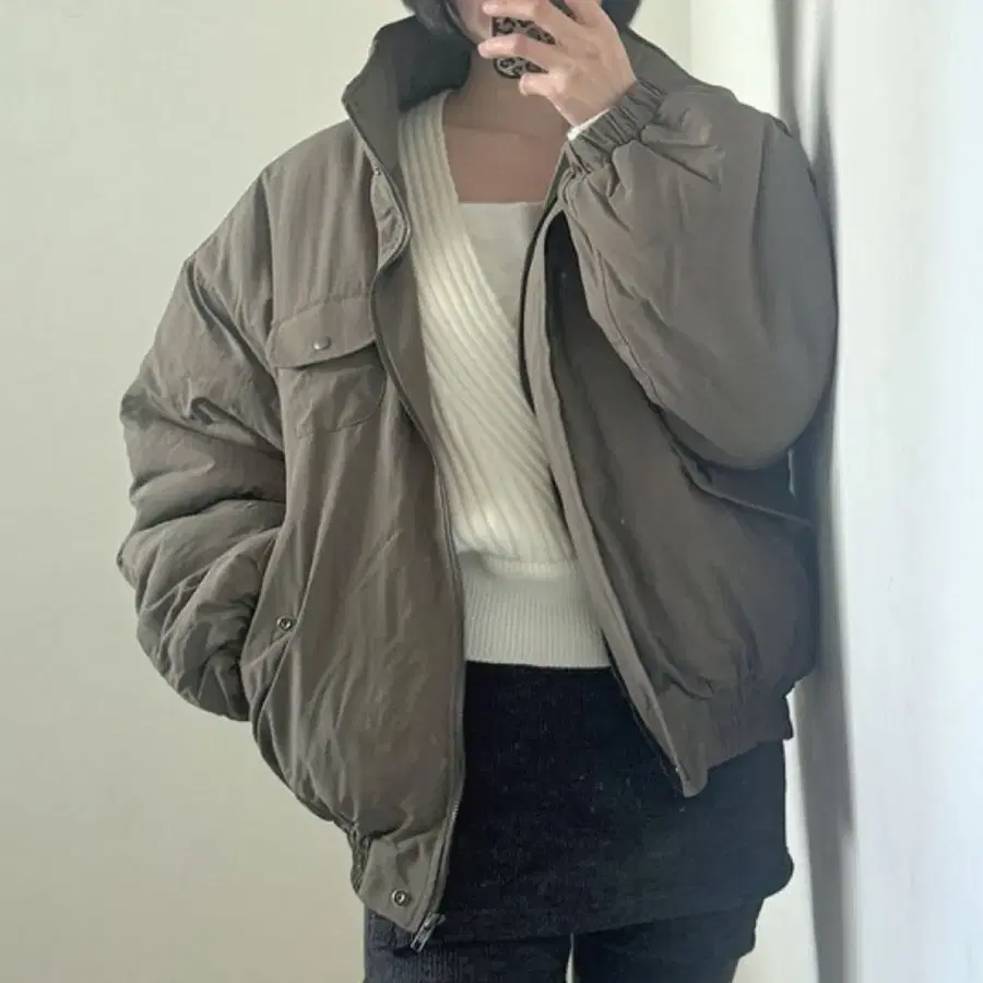 여성 숏 패딩 점퍼 카키 봄버 아우터 6온스 누빔
