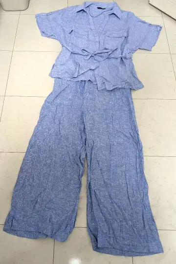 ZARA 여성용 셋업 워싱 블루 L 7부 기장 팬츠
