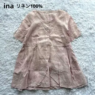 ina 이나 블라우스 린넨 100% 반팔 셔츠 허리 리본 개더
