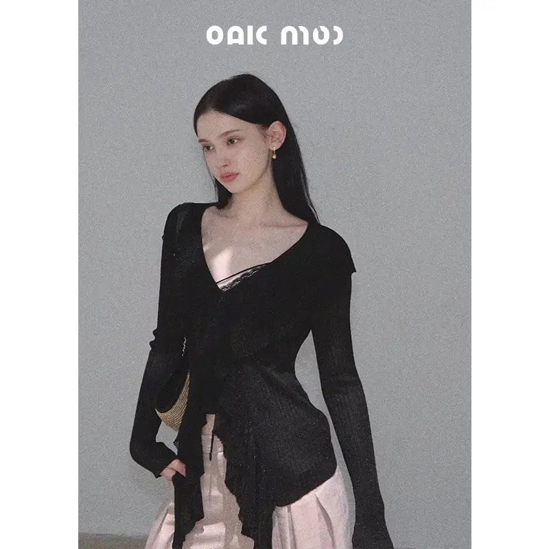 OAKMOO 오크무 샤이닝 러플 브이넥 긴팔 커버업 가디건