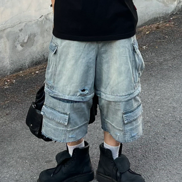 L)피치블랙 DAMAGE DENIM BERMUDA PANTS 버뮤다 팬츠