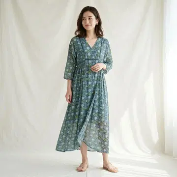 솔레아드 7부 소매 꽃무늬 롱 원피스 시스루 소재 청록색 36 S 고급