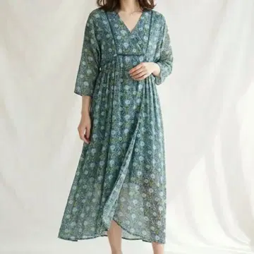 솔레아드 7부 소매 꽃무늬 롱 원피스 시스루 소재 청록색 36 S 고급