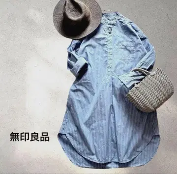 무인양품 스트라이프 원피스 밴드 카라 원피스 블루 새상품급