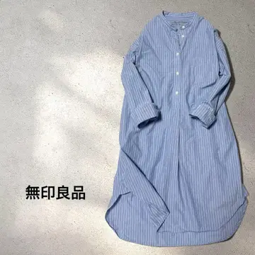 무인양품 스트라이프 밴드 카라 원피스 긴팔 면 새상품급