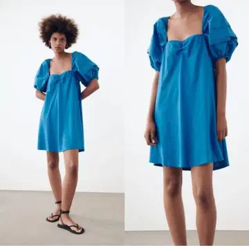 ZARA 자라 퍼프 슬리브 블루 원피스 S