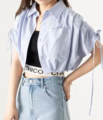 Chico 드로스트 크롭 기장 셔츠 반팔 셔츠 블루