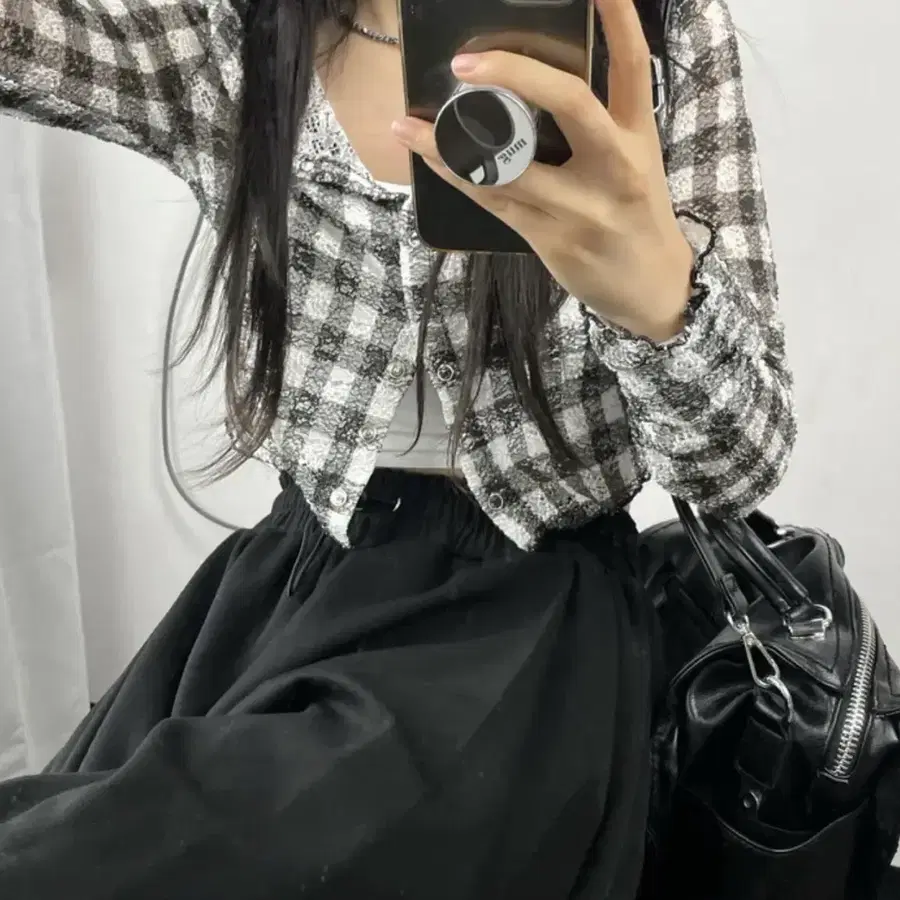 오피엠 체크 아일렛 가디건