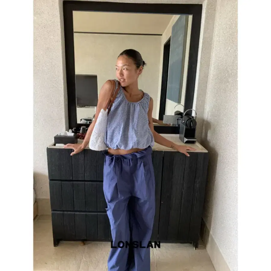 LONSLAN 론슬란 티셔츠 나시 썸머 블루 귀여운 반팔 체크무늬 버블