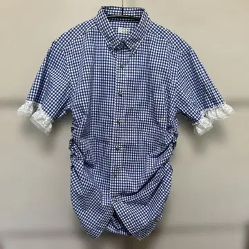구제 의류 리메이크 깅엄 체크 반팔 셔츠 레이스 셔링 하나뿐인 아이템