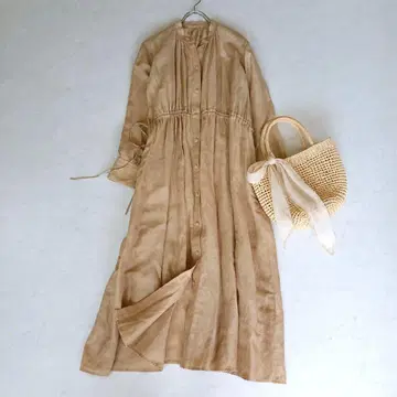 마르티니크 린넨 혼방 개더 원피스 롱 겉옷 프론트 오픈 린넨