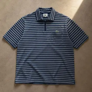 00s Lacoste 하프 지퍼 피케 셔츠 네이비 보더 XL 구제 의류