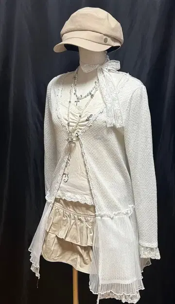 axes femme 롱 가디건 니트 레이스 플리츠 페미닌