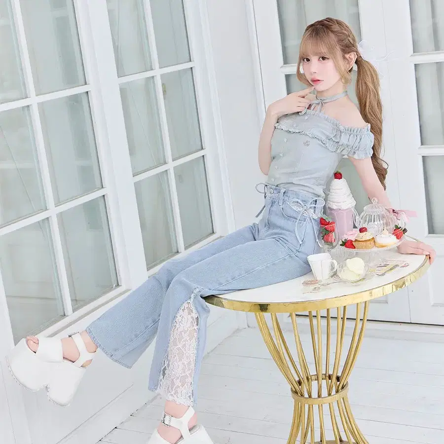 미셸마카롱 레이스 리본 데님 팬츠