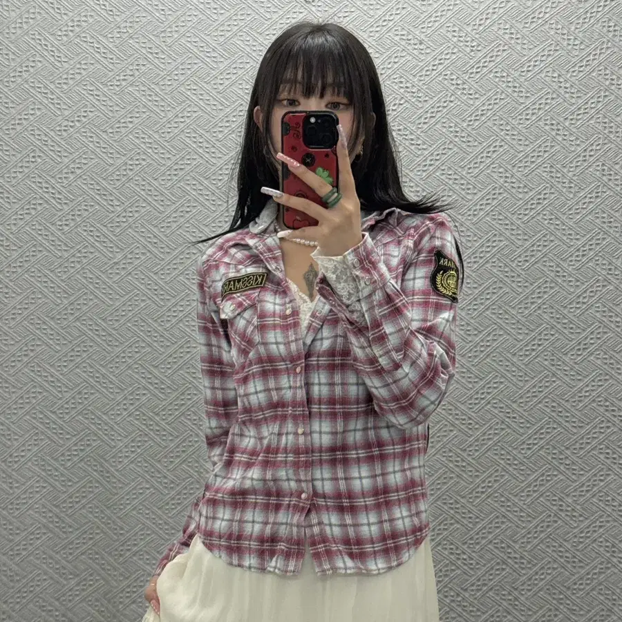 빈티지 캐주얼 웨스턴 키치 체크 워크 버튼 후드 셔츠 K0443